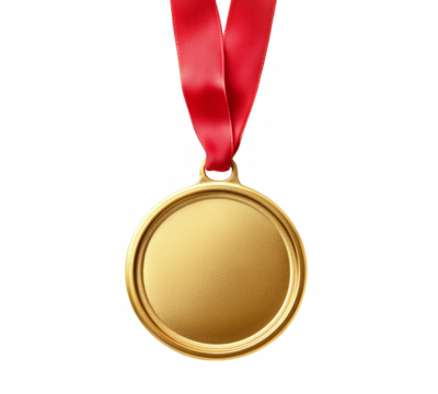 gold medal with red ribbon