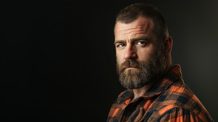 Obraz premium A serious portrait of a stocky middle-aged Caucasian man with a thick beard and buzzed hair, wearing a flannel shirt, strong and rugged look