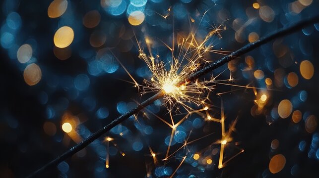 Sparkling sparkler against a bokeh background of blue and gold lights, evoking celebration. Ideal for festive events, New Year's, and seasonal promotions.