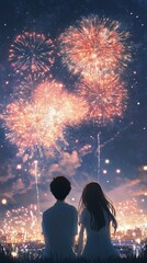 Nighttime Fireworks Spectacle: A couple, silhouetted against a radiant display of fireworks, share a moment of awe and togetherness, overlooking a cityscape ablaze with celebratory lights