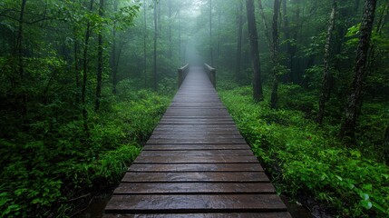 Obraz premium Misty Forest Path Wooden Bridge