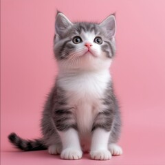 Adorable gray kitten with blue eyes sitting against a soft pink backdrop, exuding charm and playfulness.