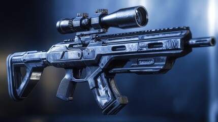 A close-up shot of a gun with a scope attached, ready for use