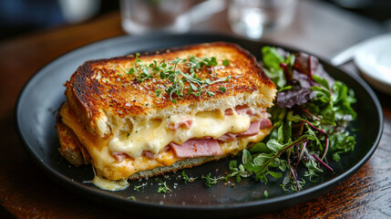 A beautifully plated croque-monsieur with layers of ham and melted cheese, served with a small salad, French bistro style