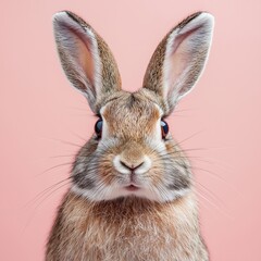 Obraz premium Close-up of a fluffy rabbit with large ears and bright eyes against a pink background, exuding charm and innocence.