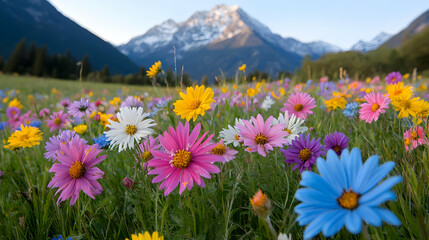 Obraz premium Colorful wildflowers meadow, mountain backdrop, summer. Nature photography for calendars