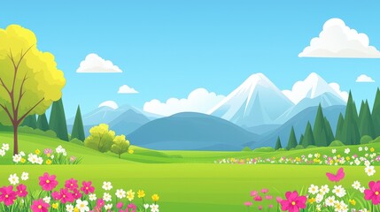 Fototapeta premium Bright Spring Landscape with Flowers and Snowy Mountains in Background