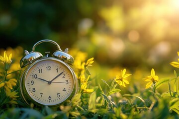 A clock sits amidst a field of colorful flowers, perfect for use as a background or design element
