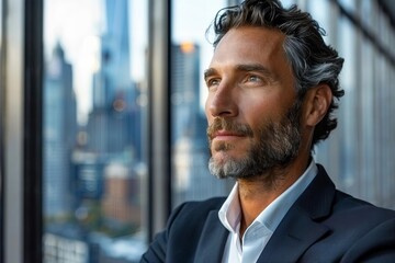 Fototapeta premium Man in suit looking thoughtful out of office window with city skyline visible in background