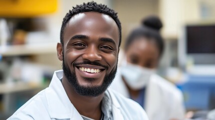 Happy male doctor in a lab coat smiling at the camera, with a colleague in the background, showcasing a friendly healthcare environment.