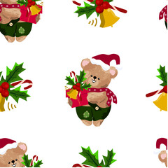 A cartoon bear in a Santa Claus hat holds in his paws a red box and holly leaves with a yellow bell.