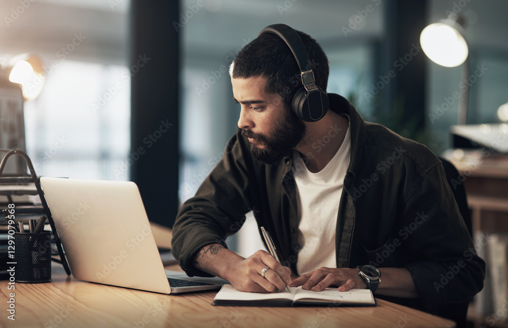 Aufkleber creative, man and writing with notes, idea and video editor with night and headphones for project. c
