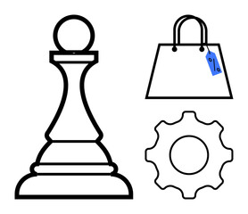 Chess pawn symbolizes strategy, gear represents mechanisms, shopping bag with tag signifies commerce. Ideal for business, decision-making, engineering, retail, innovation, process improvement