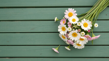 Fototapeta premium Bouquet of dried flowers on wooden planks background. AI generated image, ai