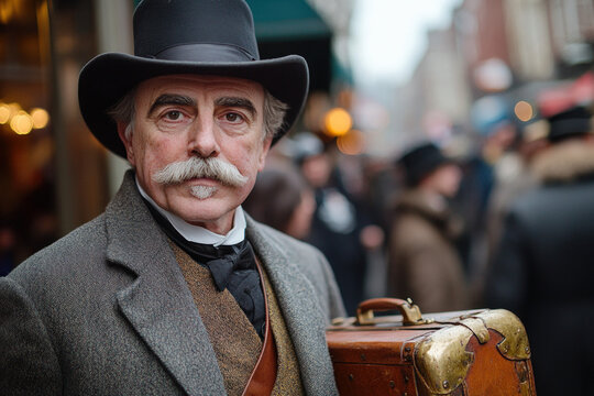 A 19th-century carpetbagger with a suitcase, historical and dramatic, post-Civil War theme