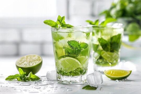 Capturing the vibrant essence of a refreshing mojito cocktail duo on a transparent background in an exquisite photo shoot.