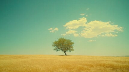Obraz premium Golden Wheat Field Under Clear Blue Sky with Lone Oak Tree