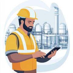 Bearded male construction worker in a safety helmet using a tablet at an industrial site.