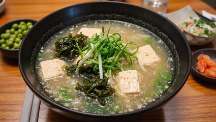 Nourishing miso soup with tofu seaweed edamame and pickled ginger A comforting and healthy Japanese meal in a bowl