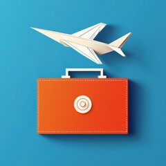 An orange suitcase with a paper airplane soaring above it, symbolizing travel and adventure.
