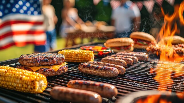 Grilled Burgers, Corn and Sausages on Grill with Flame. Celebrating togetherness, family and national pride. Great for holiday party concepts. - Powered by Adobe