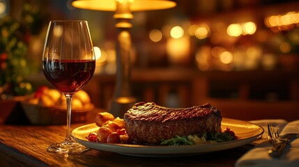 Warm Carnivore Feast with Ribeye Steak, Wine, and Golden Glow