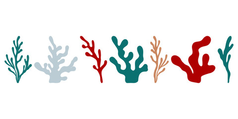 Set of isolated colorful corals. Hand drawn illustration, Vector underwater flora and fauna