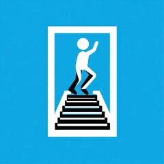 A minimalist illustration of a stylized person climbing stairs on a vibrant blue background.