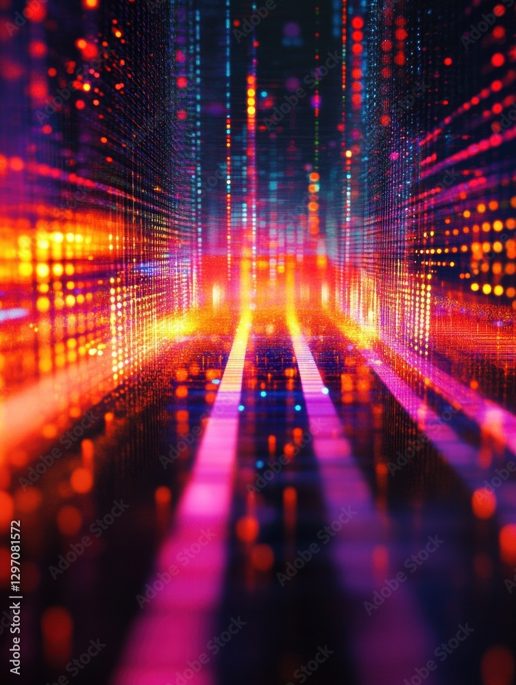 Aufkleber Colors of light create a mesmerizing pattern in a digital tunnel at night in an abstract representation of data flow. Generative AI
