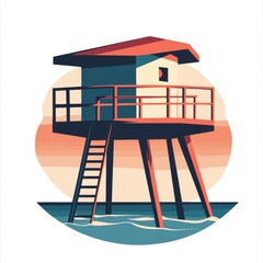 A colorful lifeguard tower stands over calm waters, showcasing vibrant hues against a serene sunset backdrop.