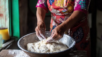 Fototapeta premium Grandmother Kneading Dough for Kuih in Rustic Kitchen Light