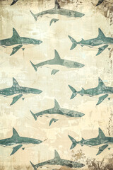 Miniature sharks forming a repeated pattern across a vintage wallpaper