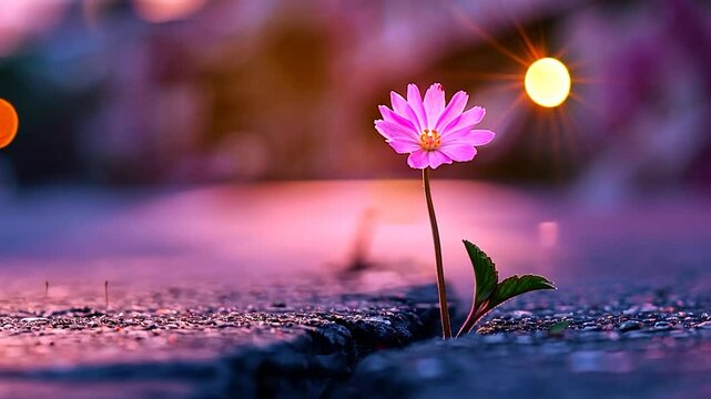 Pink flower growing from crack in asphalt