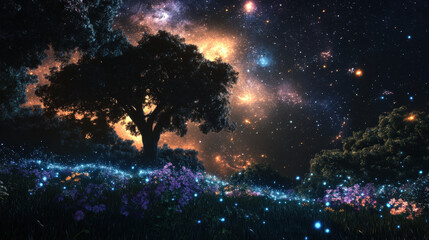 Fototapeta premium Enchanted Tree in a Glowing Cosmic Meadow Under a Beautiful Night Sky Full of Stars