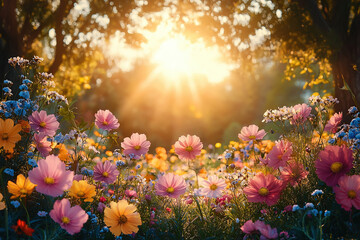 A bright and cheerful garden scene filled with flowers and sunlight.