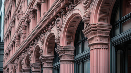 Obraz premium Historic building architecture featuring ornate columns and arches in downtown area during daylight. Generative AI