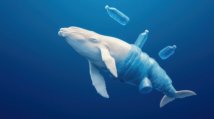 Naklejka premium A whale trapped by a chain made of plastic bottles, symbolizing the devastating impact of ocean pollution on marine life. This image is perfect for raising awareness about environmental issues and the