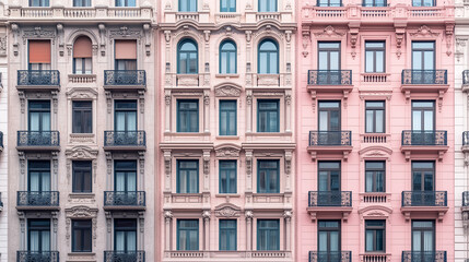 Fototapeta premium Architectural beauty of pastel buildings in a vibrant urban setting with intricate details and charming balconies. Generative AI