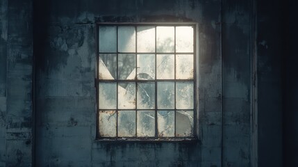Fototapeta premium A broken window reflects sunlight in a decaying building