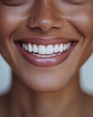 Obraz premium Close-up of a smiling woman with perfect teeth, representing confidence and health. Ideal for dental care, beauty, wellness, and personal care brands.