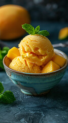 scene of summer mango sorbet in a ceramic bowl with a sprig of mint, styled like a food magazine dessert page.