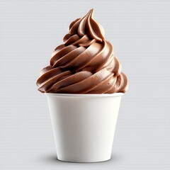 Creamy chocolate soft serve ice cream swirl in a plain white cup on a neutral background, perfect for dessert or treat promotions