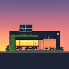 Modern eco-friendly caf� with solar panels at sunset, showcasing sustainability in design.