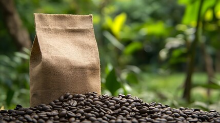 Obraz premium Blank Burlap Coffee Bag with Roasted Beans on Natural Outdoor Background