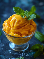 scene of summer mango sorbet in a ceramic bowl with a sprig of mint, styled like a food magazine dessert page.