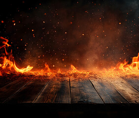 wooden table with Fire burning at the edge of the table, fire particles, sparks, and smoke in the air, with fire flames on a dark background to display products and spicy foods