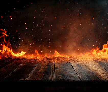 wooden table with Fire burning at the edge of the table, fire particles, sparks, and smoke in the air, with fire flames on a dark background to display products and spicy foods
