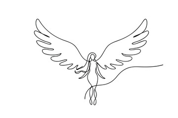 One Line Drawing Angelic Being, Wings, Flight, Grace, Freedom, Spirituality, Minimalist Art
