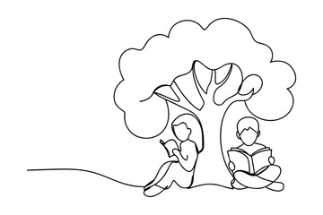 Children Reading Books Underneath a Large Tree Outdoors