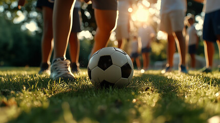 Fototapeta premium Soccer ball on grass with players in background at sunset